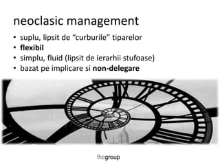 neoclasic management 
• suplu, lipsit de “curburile” tiparelor 
• flexibil 
• simplu, fluid (lipsit de ierarhii stufoase) 
• bazat pe implicare si non-delegare 
 
