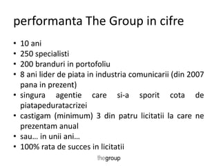performanta The Group in cifre 
• 10 ani 
• 250 specialisti 
• 200 branduri in portofoliu 
• 8 ani lider de piata in industria comunicarii (din 2007 
pana in prezent) 
• singura agentie care si-a sporit cota de 
piatapeduratacrizei 
• castigam (minimum) 3 din patru licitatii la care ne 
prezentam anual 
• sau… in unii ani… 
• 100% rata de succes in licitatii 
 