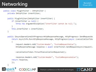 Networking

București
19 oct 2013

• Chain Http Filters for different capabilities

@

#

Premium conference on Microsoft technologies

 