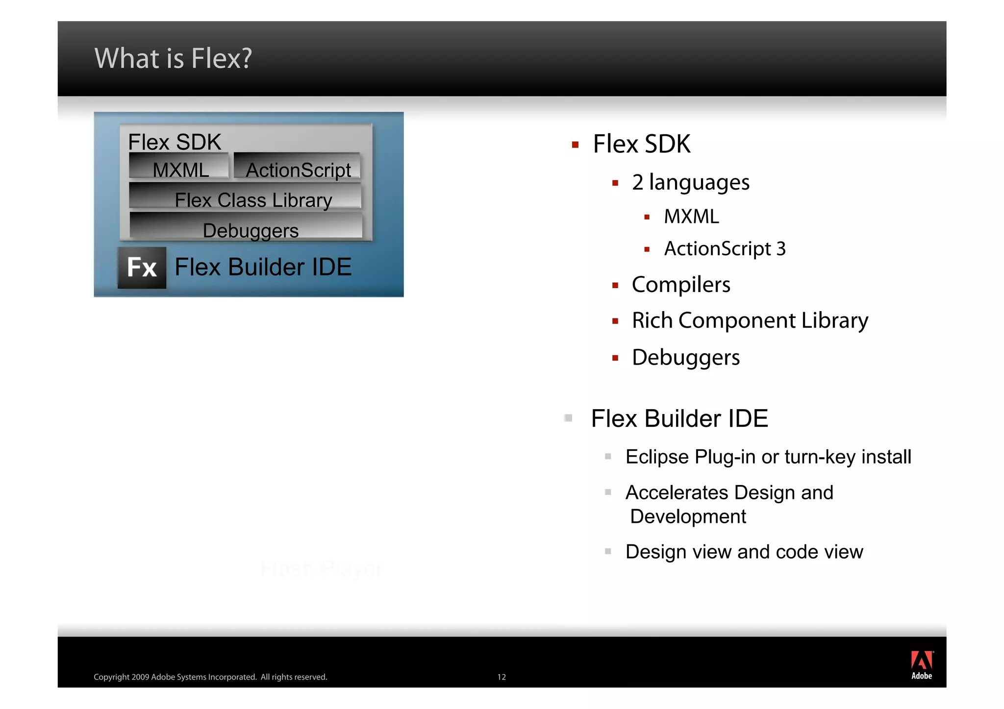 What is Flex?

         Flex SDK                                                          Flex SDK
               MXML                      ActionScript
                                                                                 2 languages
                     Flex Class Library
                                                                                       MXML
                             Debuggers
                                                                                       ActionScript 3
                     Flex Builder IDE
                                                                                 Compilers
                                                                                 Rich Component Library
                                                                                 Debuggers

                                                                         Flex Builder IDE
                                                                              Eclipse Plug-in or turn-key install
                                                                              Accelerates Design and
                                                                               Development
                                                                              Design view and code view
                                            Flash Player


                                                                                                                     ®




Copyright 2009 Adobe Systems Incorporated. All rights reserved.   12
 