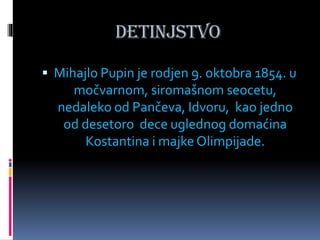 Detinjstvo
 Mihajlo Pupin je rodjen 9. oktobra 1854. u
močvarnom, siromašnom seocetu,
nedaleko od Pančeva, Idvoru, kao jedno
od desetoro dece uglednog domaćina
Kostantina i majke Olimpijade.
 