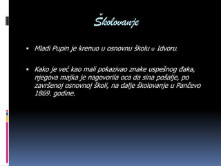 Školovanje
 Mladi Pupin je krenuo u osnovnu školu u Idvoru.
 Kako je već kao mali pokazivao znake uspešnog đaka,
njegova majka je nagovorila oca da sina pošalje, po
završenoj osnovnoj školi, na dalje školovanje u Pančevo
1869. godine.
 