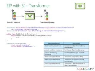 EIP with SI – Transformer 
<transformer input-channel="callCenterOrdersChannel" output-channel="canonicalOrdersChannel" 
ref="transformer" method="transform"/> 
<beans:bean id="transformer" class="fr.pentalog.si.CallCenterOrderTransformer" /> 
public class CallCenterOrderTransformer { 
public CanonicalOrder transform(CallCenterOrder order) { 
...; 
} 
} 
<object-to-json-transformer 
input-channel="newOrders" 
output-channel="jsonNewOrders" /> 
 