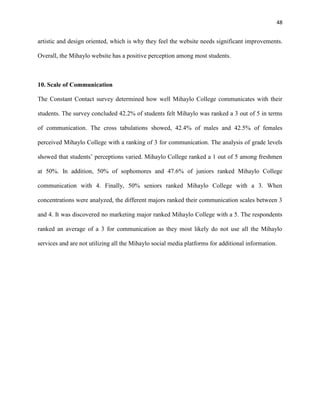 48
artistic and design oriented, which is why they feel the website needs significant improvements.
Overall, the Mihaylo website has a positive perception among most students.
10. Scale of Communication
The Constant Contact survey determined how well Mihaylo College communicates with their
students. The survey concluded 42.2% of students felt Mihaylo was ranked a 3 out of 5 in terms
of communication. The cross tabulations showed, 42.4% of males and 42.5% of females
perceived Mihaylo College with a ranking of 3 for communication. The analysis of grade levels
showed that students’ perceptions varied. Mihaylo College ranked a 1 out of 5 among freshmen
at 50%. In addition, 50% of sophomores and 47.6% of juniors ranked Mihaylo College
communication with 4. Finally, 50% seniors ranked Mihaylo College with a 3. When
concentrations were analyzed, the different majors ranked their communication scales between 3
and 4. It was discovered no marketing major ranked Mihaylo College with a 5. The respondents
ranked an average of a 3 for communication as they most likely do not use all the Mihaylo
services and are not utilizing all the Mihaylo social media platforms for additional information.
 