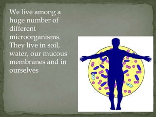 We live among a
huge number of
different
microorganisms.
They live in soil,
water, our mucous
membranes and in
ourselves
 
