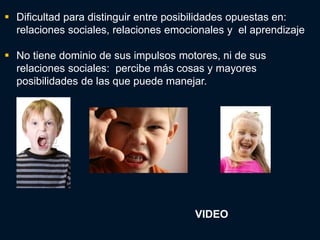  Dificultad para distinguir entre posibilidades opuestas en:
  relaciones sociales, relaciones emocionales y el aprendizaje

 No tiene dominio de sus impulsos motores, ni de sus
  relaciones sociales: percibe más cosas y mayores
  posibilidades de las que puede manejar.




                                       VIDEO
 