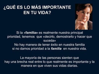 ¿QUÉ ES LO MÁS IMPORTANTE
        EN TU VIDA?



        Si la «familia» es realmente nuestra principal
 prioridad, tenemos que «decirlo, demostrarlo y hacer que
                           suceda»
       No hay manera de tener éxito en nuestra familia
     si no damos prioridad a la familia en nuestra vida.

          La mayoría de las personas sienten que
hay una brecha real entre lo que realmente es importante y la
           manera en que viven sus vidas diarias.
 