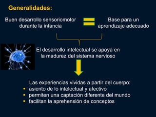 Generalidades:
Buen desarrollo sensoriomotor              Base para un
     durante la infancia               aprendizaje adecuado



            El desarrollo intelectual se apoya en
              la madurez del sistema nervioso




         Las experiencias vividas a partir del cuerpo:
        asiento de lo intelectual y afectivo
        permiten una captación diferente del mundo
        facilitan la aprehensión de conceptos
 