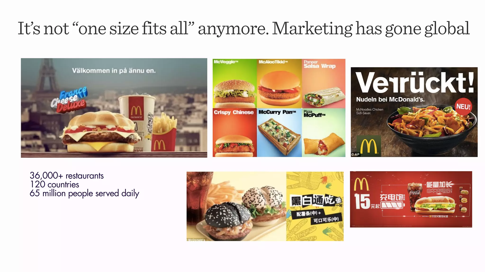 It’snot“onesizefitsall”anymore.Marketinghasgoneglobal
36,000+ restaurants
120 countries
65 million people served daily
 