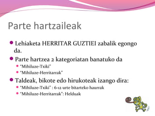 Parte hartzaileak
Lehiaketa HERRITAR GUZTIEI zabalik egongo

da.
Parte hartzea 2 kategoriatan banatuko da
 “Mihiluze-Txiki”
 “Mihiluze-Herritarrak”

Taldeak, bikote edo hirukoteak izango dira:
 “Mihiluze-Txiki” : 6-12 urte bitarteko haurrak
 “Mihiluze-Herritarrak”: Helduak

 