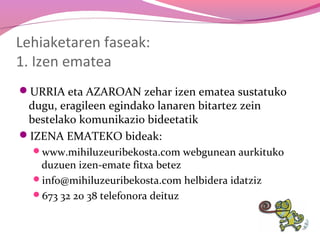 Lehiaketaren faseak:
1. Izen ematea
URRIA eta AZAROAN zehar izen ematea sustatuko

dugu, eragileen egindako lanaren bitartez zein
bestelako komunikazio bideetatik
IZENA EMATEKO bideak:

www.mihiluzeuribekosta.com webgunean aurkituko

duzuen izen-emate fitxa betez
info@mihiluzeuribekosta.com helbidera idatziz
673 32 20 38 telefonora deituz

 