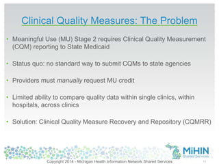 Clinical Quality Measures: The Problem 
• Meaningful Use (MU) Stage 2 requires Clinical Quality Measurement 
(CQM) reporting to State Medicaid 
• Status quo: no standard way to submit CQMs to state agencies 
• Providers must manually request MU credit 
• Limited ability to compare quality data within single clinics, within 
hospitals, across clinics 
• Solution: Clinical Quality Measure Recovery and Repository (CQMRR) 
Copyright 2014 - Michigan Health Information Network Shared Services 13 
 