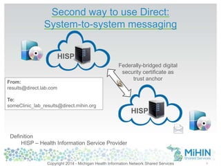 9 
Second way to use Direct: 
System-to-system messaging 
From: 
results@direct.lab.com 
HISP 
To: 
someClinic_lab_results@direct.mihin.org 
Definition 
Federally-bridged digital 
security certificate as 
HISP – Health Information Service Provider 
trust anchor 
HISP 
Copyright 2014 - Michigan Health Information Network Shared Services 
 