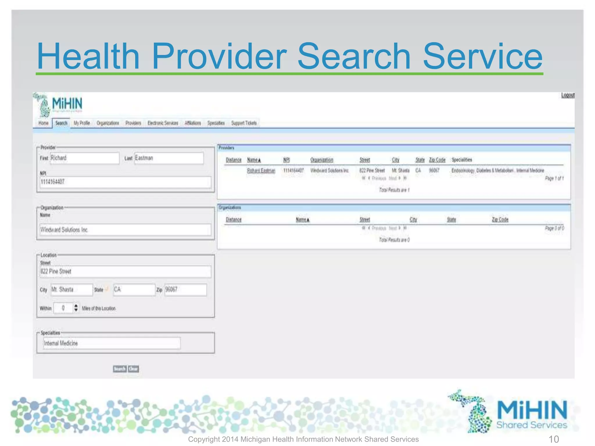Health Provider Search Service
Copyright 2014 Michigan Health Information Network Shared Services 10
 