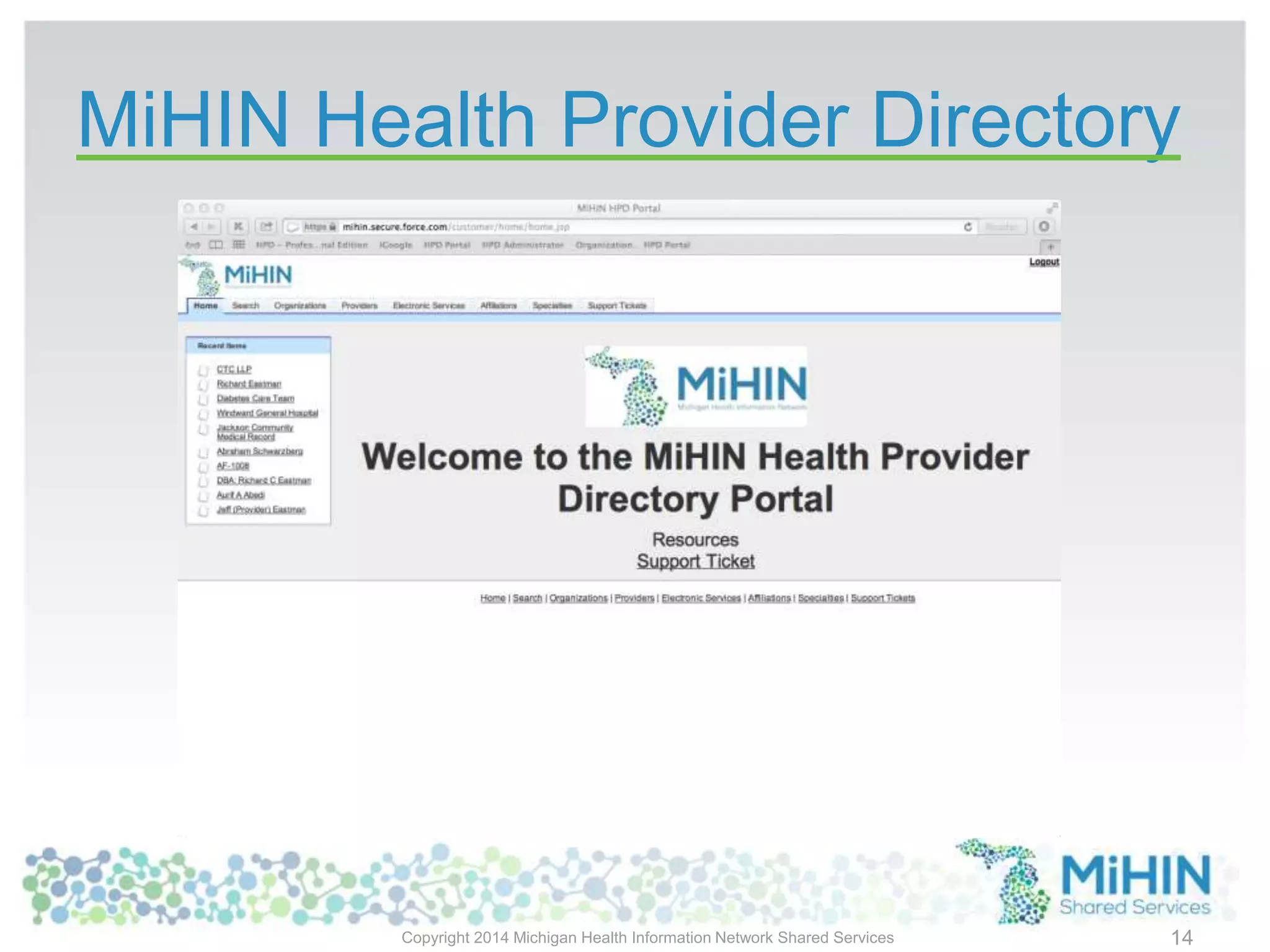 MiHIN Health Provider Directory
Copyright 2014 Michigan Health Information Network Shared Services 14
 