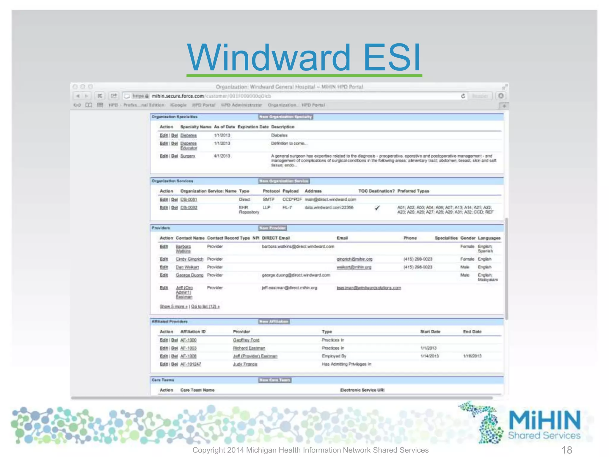 Windward ESI
Copyright 2014 Michigan Health Information Network Shared Services 18
 