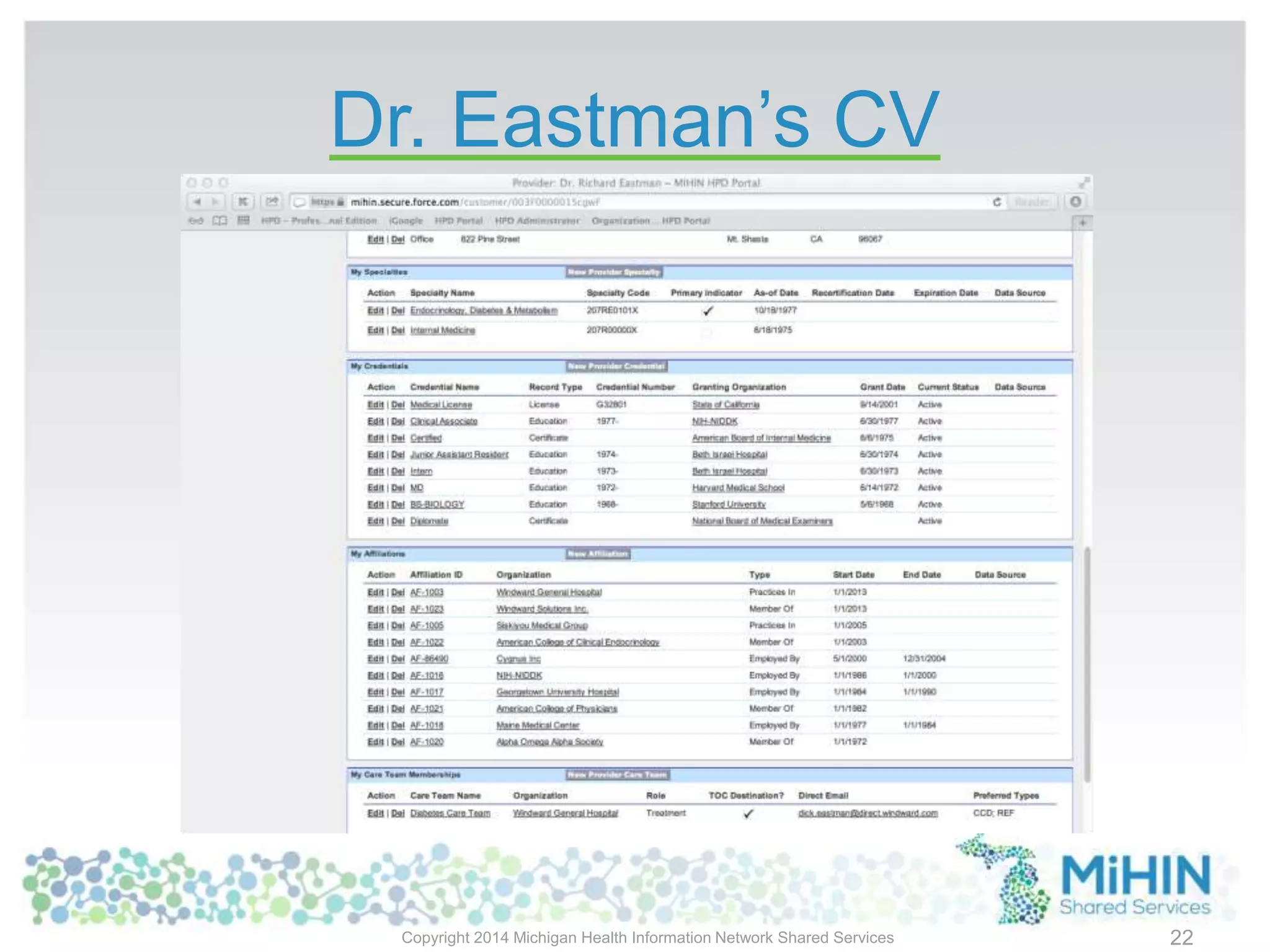 Dr. Eastman’s CV
Copyright 2014 Michigan Health Information Network Shared Services 22
 