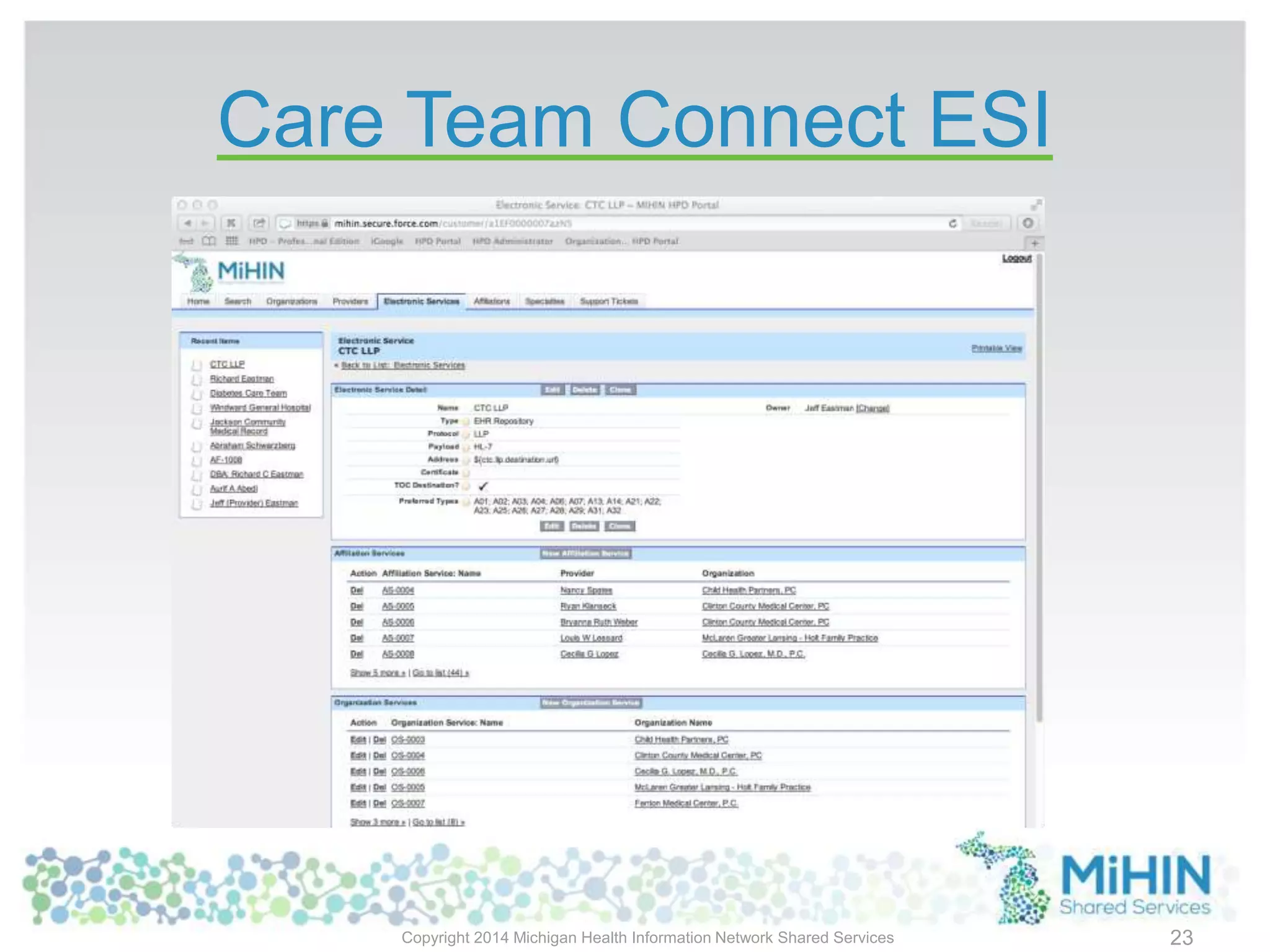 Care Team Connect ESI
Copyright 2014 Michigan Health Information Network Shared Services 23
 