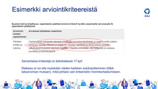 Esimerkki arviointikriteereistä
Samanlaisia kriteerejä on äidinkielessä 17 kpl!
Ratkaisu ei voi olla myöskään näiden kaikkien aukikirjoittaminen (K&A-
taksonomian mukaan), mikä johtaisi vain kriteeristön moninkertaistumiseen.
 