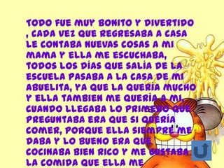 Todo fue muy bonito y divertido
, cada vez que regresaba a casa
le contaba nuevas cosas a mi
mama y ella me escuchaba,
todos los días que salía de la
escuela pasaba a la casa de mi
abuelita, ya que la quería mucho
y ella tambien me quería a mi,
cuando llegaba lo primero que
preguntaba era que si quería
comer, porque ella siempre me
daba y lo bueno era que
cocinaba bien rico y me gustaba
la comida que ella me
 