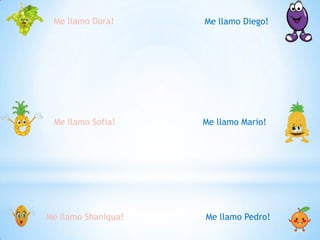 Me llamo Dora!

Me llamo Diego!

Me llamo Sofia!

Me llamo Mario!

Me llamo Shaniqua!

Me llamo Pedro!

 