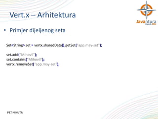 Vert.x – Arhitektura
• Primjer dijeljenog seta
Set<String> set = vertx.sharedData().getSet("app.may-set");
set.add("Mihovil");
set.contains("Mihovil");
vertx.removeSet("app.may-set");

 