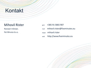 Kontakt
Mihovil Rister

gsm

+385 91 5865 907

Razvojni inženjer,

mail

mihovil.rister@fiveminutes.eu

Pet Minuta d.o.o.

skype

mihovil.rister

web

http://www.fiveminutes.eu

 