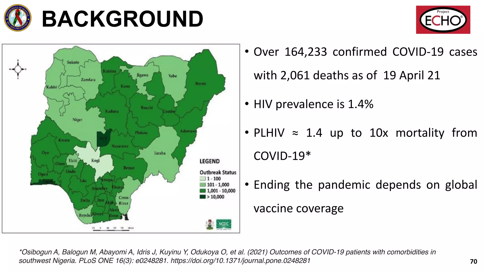 BACKGROUND
• Over 164,233 confirmed COVID-19 cases
with 2,061 deaths as of 19 April 21
• HIV prevalence is 1.4%
• PLHIV ≈ 1.4 up to 10x mortality from
COVID-19*
• Ending the pandemic depends on global
vaccine coverage
*Osibogun A, Balogun M, Abayomi A, Idris J, Kuyinu Y, Odukoya O, et al. (2021) Outcomes of COVID-19 patients with comorbidities in
southwest Nigeria. PLoS ONE 16(3): e0248281. https://doi.org/10.1371/journal.pone.0248281 70
 