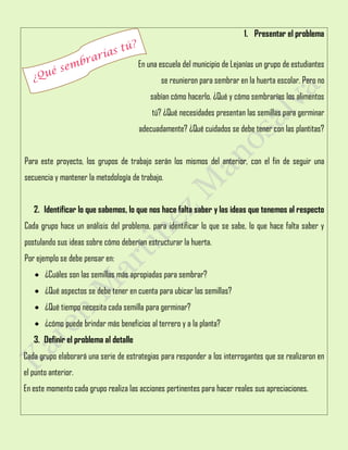 1. Presentar el problema
En una escuela del municipio de Lejanías un grupo de estudiantes
se reunieron para sembrar en la huerta escolar. Pero no
sabían cómo hacerlo. ¿Qué y cómo sembrarías los alimentos
tú? ¿Qué necesidades presentan las semillas para germinar
adecuadamente? ¿Qué cuidados se debe tener con las plantitas?
Para este proyecto, los grupos de trabajo serán los mismos del anterior, con el fin de seguir una
secuencia y mantener la metodología de trabajo.
2. Identificar lo que sabemos, lo que nos hace falta saber y las ideas que tenemos al respecto
Cada grupo hace un análisis del problema, para identificar lo que se sabe, lo que hace falta saber y
postulando sus ideas sobre cómo deberían estructurar la huerta.
Por ejemplo se debe pensar en:
 ¿Cuáles son las semillas más apropiadas para sembrar?
 ¿Qué aspectos se debe tener en cuenta para ubicar las semillas?
 ¿Qué tiempo necesita cada semilla para germinar?
 ¿cómo puede brindar más beneficios al terrero y a la planta?
3. Definir el problema al detalle
Cada grupo elaborará una serie de estrategias para responder a los interrogantes que se realizaron en
el punto anterior.
En este momento cada grupo realiza las acciones pertinentes para hacer reales sus apreciaciones.
 