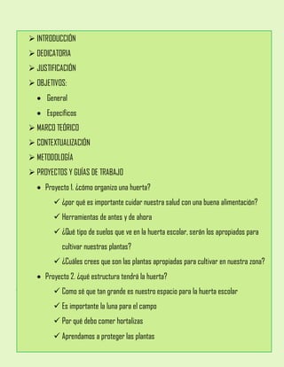  INTRODUCCIÓN
 DEDICATORIA
 JUSTIFICACIÓN
 OBJETIVOS:
 General
 Específicos
 MARCO TEÓRICO
 CONTEXTUALIZACIÓN
 METODOLOGÍA
 PROYECTOS Y GUÍAS DE TRABAJO
 Proyecto 1. ¿cómo organizo una huerta?
 ¿por qué es importante cuidar nuestra salud con una buena alimentación?
 Herramientas de antes y de ahora
 ¿Qué tipo de suelos que ve en la huerta escolar, serán los apropiados para
cultivar nuestras plantas?
 ¿Cuáles crees que son las plantas apropiadas para cultivar en nuestra zona?
 Proyecto 2. ¿qué estructura tendrá la huerta?
 Como sé que tan grande es nuestro espacio para la huerta escolar
 Es importante la luna para el campo
 Por qué debo comer hortalizas
 Aprendamos a proteger las plantas
 
