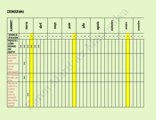 CRONOGRAMA#¿NOMBRE?
marzo
abril
mayo
junio
julio
agosto
septiembre
octubre
noviembre
SEMANA DE
APLICACIÓN
1
2
3
4
1
2
3
4
1
2
3
4
1
2
3
4
1
2
3
4
1
2
3
4
1
2
3
4
1
2
3
4
1
2
3
PROYECTO 1.
¿CÓMO
ORGANIZO
UNA
HUERTA?
X X X X X X
¿Por qué es
importante
cuidar
nuestra salud
con una
buena
alimentación?
X
Herramientas
de antes y de
ahora.
X
¿Qué tipo de
suelos ve en
la huerta
escolar,
serán los
apropiados
para cultivar
nuestras
plantas?
X
 