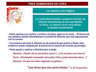 TRES SOMBREROS DE COPA Lo cómico y lo trágico La comicidad también cumple la función de refrenar situaciones en las que destila  lo lírico. Lo cómico sirve para aliviar  la tensión sentimental. Paula expresa sus sueños: ir juntos a la playa, jugar en la arena… El lirismo de sus palabras pierde intensidad por la actitud de Dionisio que está jugueteando con la carraca. Al comienzo del Acto II, Dionisio se da cuenta de que quiere a Paula. Esta evidencia queda mitigada por la presencia en escena de muchos personajes. Paula ayuda a vestirse a Dionisio para la boda.  Dionisio.- ¡Paula! ¡Yo no me quiero casar! […] ¡Yo te quiero con locura! Paula.- (Poniéndole el pasador del cuello.) Pero ¿estás llorando ahora…? Dionisio.- Es que me estás cogiendo un pellizco… “ una farsa que nos pone tristes.”  (A. M. Pasquariello) 
