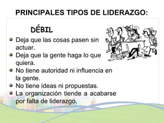 PRINCIPALES TIPOS DE LIDERAZGO: DÉBIL <ul><li>Deja que las cosas pasen sin actuar. </li></ul><ul><li>Deja que la gente hag...