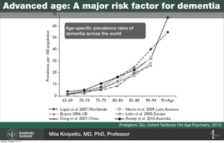 (Fratiglioni, Qiu, Oxford Textbook Old Age Psychiatry, 2013)
Advanced age: A major risk factor for dementia
Age-speciﬁc prevalence rates of
dementia across the world
Miia Kivipelto, MD, PhD, Professor
Monday, September 16, 13
 