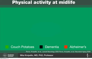 Rovio, Kivipelto et al., Lancet Neurology 2005 Rovio, Kivipelto, et al. Neurobiol Aging 2009
Physical activity at midlife
Couch Potatoes Dementia Alzheimer’s
Miia Kivipelto, MD, PhD, Professor
Monday, September 16, 13
 