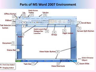 Parts of MS Word 2007 Environment
Select Browse
Object
 