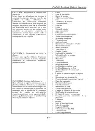 - 97 -
Pixel-Bit. Revista de Medios y Educación
CATEGORÍA 1. Herramientas de comunicación e
interacción.
Incluye tanto las aplicaciones que permiten la
comunicación síncrona o asíncrona como las que
posibilitan el trabajo colaborativo. Las
herramientas de comunicación comprenden
aspectos relacionados con las otras categorías que
utilizamos, sin embargo son el tipo de herramientas
más desarrolladas en los entornos y por lo tanto
más numerosas, es por esto que aunque somos
conscientes de que algunas herramientas de
comunicación estarían mejor situadas (dada su
funcionalidad) en otras categorías se ha decidido
contemplarlas en esta categoría.
o Correo
o Listas de distribución
o Grupos de noticias
o Tablero electrónico/noticias
o Foros
o Transferencia de ficheros
o Anotaciones/notas
o Encuestas
o FAQ's
o Entrega de trabajos
o Áreas presentación
o Calendario
o Chat o conversación electrónica
o Aplicaciones compartidas
o Navegación compartida
o Videoconferencia
o Audioconferencia
o Presentaciones online, clases virtuales
o Mensajería instantánea
o Pizarra electrónica
o Teleconferencia
o Espacios virtuales
CATEGORÍA 2. Herramientas de apoyo al
alumno.
Incluimos todas aquellas utilidades directamente
relacionadas con el apoyo al alumno, excepto las
herramientas de comunicación interpersonal
propiamente dichas.
o Realización de búsqueda
o Información sobre su progreso
o Autoevaluación
o Marcadores
o Anotaciones
o Páginas personales
o Gestión académica
o Posibilidad de reanudar el curso
o Posibilidad de cambiar su clave
o Posibilidad de subir documentos a la
plataforma
o Creación de contenido original en páginas
web
o Herramientas para la motivación
o Compilación de documentos para imprimir
CATEGORÍA 3. Gestión y diseño instructivo.
Hace referencia a aspectos relacionados con la
planificación (diseño instructivo) y las vinculadas a
la implementación. Incluimos en esta categoría: las
relacionadas con los contenidos de aprendizaje; las
específicas para la distribución de contenidos;
creación de ejercicios de autoevaluación,
evaluación y exámenes; para el seguimiento de los
alumnos; y, herramientas para la planificación y
creación de la estructura del curso.
o Capacidad multimedia
o Herramienta de búsqueda
o Editor de ecuaciones
o Herramientas de autor
o Utilización de plantillas
o Creación de itinerarios de navegación
o Modificación de contenidos online
o Privilegios de acceso a los materiales
o Conexión con otras herramientas de la
plataforma
o Referencias
o Glosario
o Bases de datos de recursos
o Índice de contenidos
o Integración CDROM
o Enlaces páginas web (URL)
o Autoevaluación
o Evaluación y exámenes
 