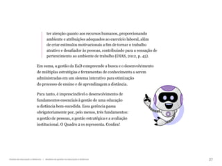 27
Gestão da educação a distância | Modelos de gestão na educação a distância
ter atenção quanto aos recursos humanos, proporcionando
ambiente e atribuições adequados ao exercício laboral, além
de criar estímulos motivacionais a fim de tornar o trabalho
atrativo e desafiador às pessoas, contribuindo para a sensação de
pertencimento ao ambiente de trabalho (DIAS, 2012, p. 45).
Em suma, a gestão da EaD compreende a busca e o desenvolvimento
de múltiplas estratégias e ferramentas de conhecimento a serem
administradas em um sistema interativo para otimização
do processo de ensino e de aprendizagem a distância.
Para tanto, é imprescindível o desenvolvimento de
fundamentos essenciais à gestão de uma educação
a distância bem-sucedida. Essa gerência passa
obrigatoriamente por, pelo menos, três fundamentos:
a gestão de pessoas, a gestão estratégica e a avaliação
institucional. O Quadro 2 os representa. Confira!
 