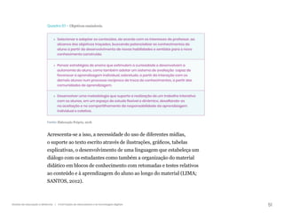 51
Gestão da educação a distância | A formação de educadores e as tecnologias digitais
Quadro 07 – Objetivos ensináveis.
»  
Selecionar e adaptar os conteúdos, de acordo com os interesses do professor, ao
alcance dos objetivos traçados, buscando potencializar os conhecimentos do
aluno a partir do desenvolvimento de novas habilidades e sentidos para o novo
conhecimento construído.
»  
Pensar estratégias de ensino que estimulem a curiosidade e desenvolvam a
autonomia do aluno, como também adotar um sistema de avaliação capaz de
favorecer a aprendizagem individual, sobretudo, a partir da interação com os
demais alunos num processo recíproco de troca de conhecimentos, a partir das
comunidades de aprendizagem.
»  
Desenvolver uma metodologia que suporte a realização de um trabalho interativo
com os alunos, em um espaço de estudo flexível e dinâmico, desafiando-os
na aceitação e no compartilhamento da responsabilidade da aprendizagem
individual e coletiva.
Fonte: Elaboração Própria, 2018.
Acrescenta-se a isso, a necessidade do uso de diferentes mídias,
o suporte ao texto escrito através de ilustrações, gráficos, tabelas
explicativas, o desenvolvimento de uma linguagem que estabeleça um
diálogo com os estudantes como também a organização do material
didático em blocos de conhecimento com retomadas e testes relativos
ao conteúdo e à aprendizagem do aluno ao longo do material (LIMA;
SANTOS, 2012).
 