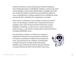 78
Gestão da educação a distância | Avaliação na educação a distância
Conforme as Diretrizes e Normas Nacionais para a Oferta de Programas e
Cursos de Educação Superior na Modalidade a Distância, os processos de ensino
e de aprendizagem acontecem pela mediação didático-pedagógica através das
TIC, considerando também a existência de pessoal qualificado, políticas de
acesso, acompanhamento e avaliação compatíveis com a modalidade de ensino
para garantir efetiva articulação entre o programado e o executado.
Nesse contexto, as dimensões a serem avaliadas vão além do processo de
ensino e de aprendizagem, incluindo outros componentes do processo
pedagógico como o plano de desenvolvimento institucional, o projeto
pedagógico da instituição, o projeto do curso, a gestão institucional, a
gestão de pessoas, o corpo docente e tutorial, além da infraestrutura física e
tecnológica (HENRIQUE, 2012).
Para sistematizar a avaliação e os critérios que a organizam,
o Ministério da Educação criou instrumentos de avaliação de
nível superior que propiciam condições de funcionamento de
cursos, tanto presenciais como a distância. O principal deles
é o Sistema Nacional de Avaliação da Educação Superior
(SINAES), operacionalizado pelo Instituto Nacional de Estudos
e Pesquisas Educacionais Anísio Teixeira (INEP). Dessa forma,
 
