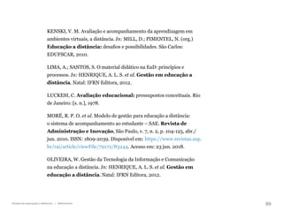 89
Gestão da educação a distância | Referências
KENSKI, V. M. Avaliação e acompanhamento da aprendizagem em
ambientes virtuais, a distância. In: MILL, D.; PIMENTEL, N. (org.)
Educação a distância: desafios e possibilidades. São Carlos:
EDUFSCAR, 2010.
LIMA, A.; SANTOS, S. O material didático na EaD: princípios e
processos. In: HENRIQUE, A. L. S. et al. Gestão em educação a
distância. Natal: IFRN Editora, 2012.
LUCKESI, C. Avaliação educacional: pressupostos conceituais. Rio
de Janeiro: [s. n.], 1978.
MORÉ, R. P. O. et al. Modelo de gestão para educação a distância:
o sistema de acompanhamento ao estudante – SAE. Revista de
Administração e Inovação, São Paulo, v. 7, n. 2, p. 104-125, abr./
jun. 2010. ISSN: 1809-2039. Disponível em: https://www.revistas.usp.
br/rai/article/viewFile/79172/83244. Acesso em: 23 jun. 2018.
OLIVEIRA, W. Gestão da Tecnologia da Informação e Comunicação
na educação a distância. In: HENRIQUE, A. L. S. et al. Gestão em
educação a distância. Natal: IFRN Editora, 2012.
 