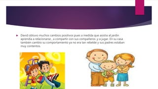  David obtuvo muchos cambios positivos pues a medida que asistia al jardín
aprendía a relacionarse , a compartir con sus compañeros ,y a jugar. En su casa
también cambio su comportamiento ya no era tan rebelde y sus padres estaban
muy contentos.
 