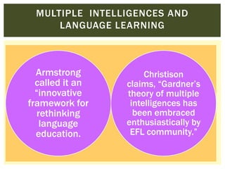 Armstrong
called it an
“innovative
framework for
rethinking
language
education.
Christison
claims, “Gardner‟s
theory of multiple
intelligences has
been embraced
enthusiastically by
EFL community.”
MULTIPLE INTELLIGENCES AND
LANGUAGE LEARNING
 