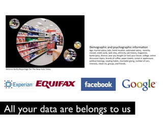 Demographic	
 and	
 psychographic	
 informa2on	
 
                      Age,	
 marital	
 status,	
 kids,	
 home	
 loca2on,	
 es2mated	
 salary,	
 	
 recently	
 
                      moved,	
 credit	
 cards,	
 web	
 sites,	
 ethnicity,	
 job	
 history,	
 magazines,	
 
                      bankruptcy,	
 divorce,	
 year	
 you	
 bought	
 (or	
 lost)	
 your	
 house,	
 college,	
 online	
 
                      discussion	
 topics,	
 brands	
 of	
 coﬀee,	
 paper	
 towels,	
 cereal	
 or	
 applesauce,	
 
                      poli2cal	
 leanings,	
 reading	
 habits,	
 charitable	
 giving,	
 number	
 of	
 cars,	
 
                      interests,	
 check-­‐ins,	
 groups,	
 and	
 friends.	
 


                                                                         	





All your data are belongs to us	

 