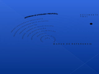 T
T
T
E
E
O
M
M
I
A
A
R
PR
OB
I
L
I
I
E
E
O
C
D
L
M
J
I
N
E
N
A
T
E
V
G
I
R
P
O
E
C
E
O R
I
I N
V
E
STIGA
JU
H
S
P
T
Ó
F
P
S
P
B
A
E
D
C
E
I
Y
T
D
S
S
I
T I
M
N
G
T
C
A
I Ó
C
N
Ó N
I
O
I
O
C
I
S
Ó
Ó
V
Ñ
Y
N
S
S
U
D
A
N
A
L
Ó
S
S
B
I
I
I
E
T
I
-
A
V
RECOLEC
C
IÓ
N
Y
P
R
O
C E S A M I E N T O D E D A T O S
AN
Á
LIS
IS
Y
D
IS
C
U S I Ó N
D E R E S U L T A D O S
M A R C O D E R E F E R E N C I A
D O C U M E N T O
F I N A L
 