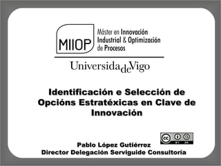 Identificación e Selección de
Opcións Estratéxicas en Clave de
            Innovación


          Pablo López Gutiérrez
Director Delegación Serviguide Consultoría
 