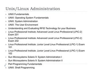 Unix/Linux Administration 
 UNIX Fundamentals 
 UNIX: Operating System Fundamentals 
 UNIX: System Administration 
 UNIX: The User Environment 
 Understanding and Evaluating RFID Technology for your Business 
 Linux Professional Institute: Advanced Level Linux Professional (LPIC-2) 
Exam 201 
 Linux Professional Institute: Advanced Level Linux Professional (LPIC-2) 
Exam 202 
 Linux Professional Institute: Junior Level Linux Professional (LPIC-1) Exam 
101 
 Linux Professional Institute: Junior Level Linux Professional (LPIC-1) Exam 
102 
 Sun Microsystems Solaris 9: System Administration I 
 Sun Microsystems Solaris 9: System Administration II 
 Perl Programming Fundamentals 
 UNIX: Shell Programming 
 