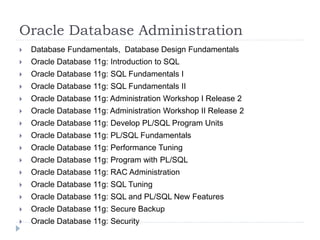 Oracle Database Administration 
 Database Fundamentals, Database Design Fundamentals 
 Oracle Database 11g: Introduction to SQL 
 Oracle Database 11g: SQL Fundamentals I 
 Oracle Database 11g: SQL Fundamentals II 
 Oracle Database 11g: Administration Workshop I Release 2 
 Oracle Database 11g: Administration Workshop II Release 2 
 Oracle Database 11g: Develop PL/SQL Program Units 
 Oracle Database 11g: PL/SQL Fundamentals 
 Oracle Database 11g: Performance Tuning 
 Oracle Database 11g: Program with PL/SQL 
 Oracle Database 11g: RAC Administration 
 Oracle Database 11g: SQL Tuning 
 Oracle Database 11g: SQL and PL/SQL New Features 
 Oracle Database 11g: Secure Backup 
 Oracle Database 11g: Security 
 