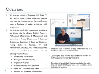 Courses 
1. 635 courses consist of Business, Soft Skills, IT, 
and Desktop. These courses, offered at a very low 
cost, meet the Professional and Personal Training 
needs of Teachers, job seekers and others valid 
till Jan 2015 
2. 180 business  soft skills courses and simulations 
are divided into the following Solution Areas: 1. 
Professional Effectiveness 2. Management and 
Leadership 3. Project Effectiveness 4. Business 
Strategy and Operations 5. Sales and Customer- 
Facing Skills 6. Finance, HR and 
Administration...Rs 2400 . Our 180 business skills 
courses and simulations are divided into the 
following Solution Areas: 
1. Professional Effectiveness 
2. Management and Leadership 
3. Project Effectiveness 
4. Business Strategy and Operations 
5. Sales and Customer-Facing Skills 
6. Finance, HR, SCM and Administration 
• Bite-sized ‘How To’ demos for daily problem solving .3-5 
minute ‘how to’ video demonstrations 
• Covering the most popular tasks and topics needed by 
technology end-users and professional 
• Concise and targeted with live demonstration for quick 
answers to daily challenges - and easy orientation to key 
features and functions 
 