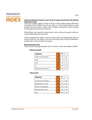 Jan   Dec
Industry                        11    10
                                            %

Research and development        92    85    8%

Legal                           113   113   0%

Sales                           98    99    -1%

IT                              83    84    -1%

Administrative, organisation    67    68    -1%




                                Jan   Jan
Industry                        11    10
                                            %

Transport, post and logistics   143   111   29%

Banking, finance, insurance     46    40    15%

Research and development        92    82    12%

Marketing, PR and media         56    50    12%

Sales                           98    88    11%
 